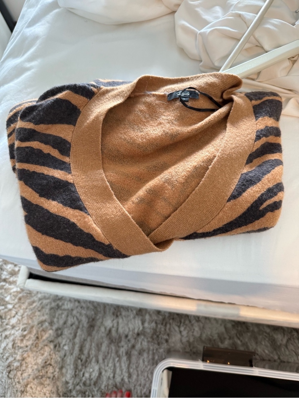 Rails Camel and Black Zebra-Stripe V-Neck Sweater